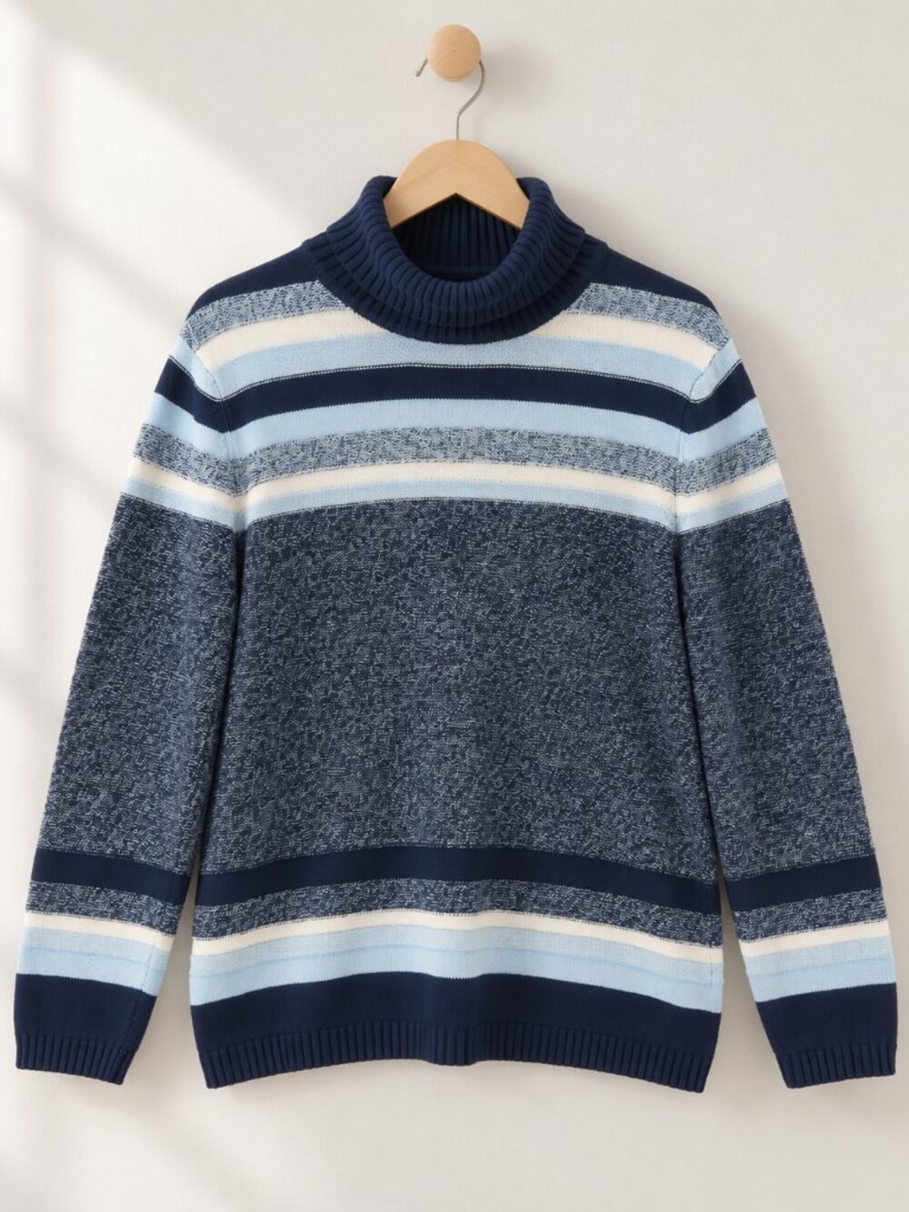 Karen Scott (Macy's), Striped Cotton Turtleneck Sweater, Navy Blue, Size L